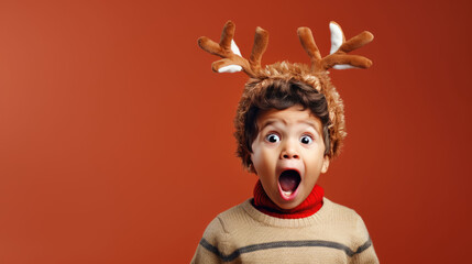 Wall Mural - Surprised little boy wearing reindeer antlers holding gift box. Christmas holidays. Boxing Day shopping. Holiday shopping