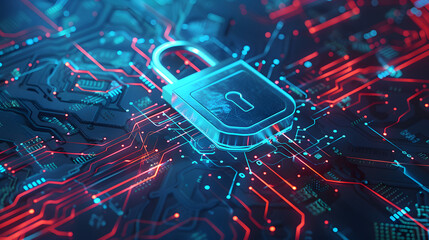 Wall Mural - digital illustration cybersecurity concept padlock symbol high-tech circuit board technology data pr