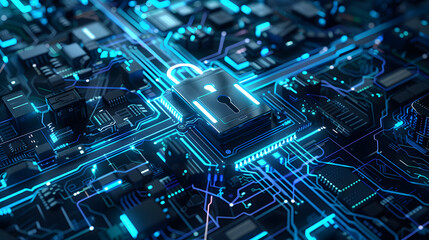 Wall Mural - digital illustration cybersecurity concept padlock symbol high-tech circuit board technology data pr