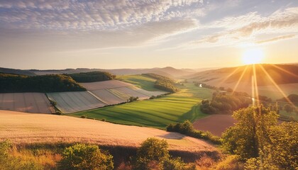 Canvas Print - a serene landscape showcasing undulating cultivated fields bathed in the warm glow of the golden hour sunset exuding natural beauty and tranquility