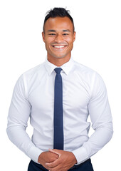 Polynesian businessman in his 30s wearing a white shirt and blue tie, smiling confidently with hands clasped.