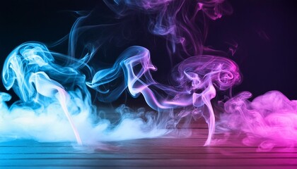 Wall Mural - clouds of colorful smoke in blue and purple neon light swirling on black table background