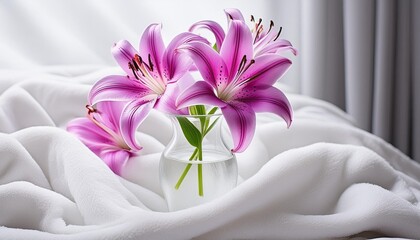 Wall Mural - lily pink or purple in glass vase on white fabric