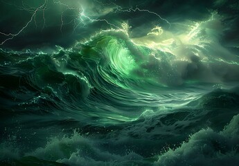 ominous green waves with lightning