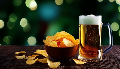 Wall Mural - potato chips in bowl and glass of golden beer