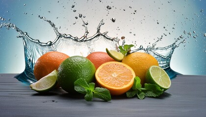 Wall Mural - a bright citrus medley juice splash against a clean white background