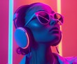 © Qstock - Stylish Woman with Neon Headphones in Futuristic Neon Lighting - Modern Lifestyle Concept