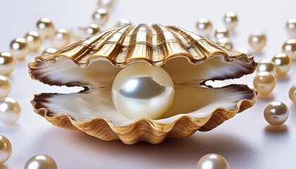 Wall Mural - a pearl oyster shell with gold edging white background pearl in the center of an open seashell