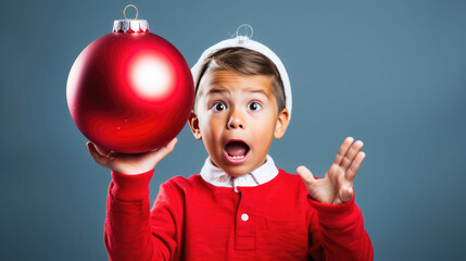 Wall Mural - Surprised little boy in Santa Claus hat holding gift box. Christmas holidays. Boxing Day shopping. Holiday shopping