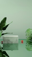 reflective podium decorated with foliage in minimalistic design stone podium the picture was taken through the water surface misty mystical colors juggle with huge tropical flowers and ferns on backgr