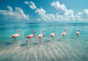 Wall Mural - Pink Flamingos Wading in Turquoise Water