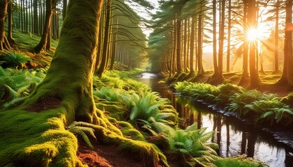 Wall Mural - scottish rainforest at sunrise mighty trees moss plants fern sunbeams golden hour crinan canal scotland uk atmospheric landscape pure nature travel destinations hiking ecotourism