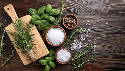 Wall Mural - top view of herbs and salt on a dark wooden surface