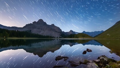 Wall Mural - a calm mountain lake reflecting the starry night sky and the silhouettes of the surrounding peaks