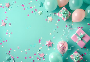 Poster - Birthday Party Flat Lay Background with Balloons, Gifts & Confetti