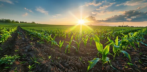 Sticker - Sunrise Over Young Cornfield In Autumn Farmland