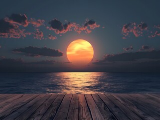 Sticker - Serene Sunset Over Ocean with Wooden Deck