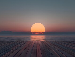 Sticker - Minimalist Sunset Over Ocean With Wooden Floor