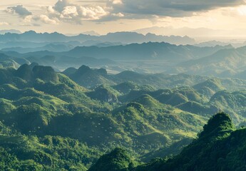 Wall Mural - Panoramic View Of Lush Green Mountains In Thailand