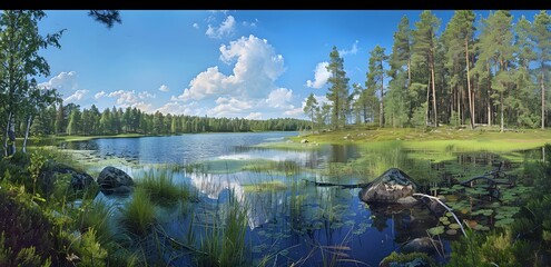 Wall Mural - Serene Finnish Lake Landscape with Lush Greenery