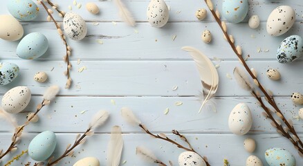 Wall Mural - Pastel Easter Eggs Willow Branches Wooden Background