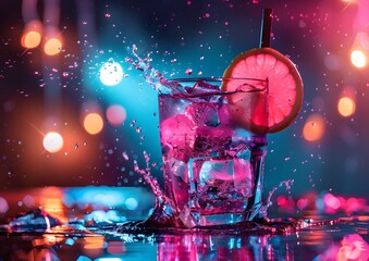 Wall Mural - Neon Cocktail Splash with Ice and Lemon