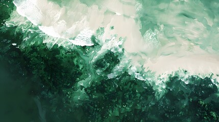 Canvas Print - Abstract Watercolor Aerial View of Green Jungle and Beach