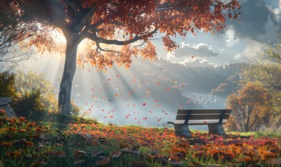 Poster - Serene Autumn Landscape with Bench and Sunlight