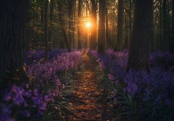 Canvas Print - Sunrise Path Through Bluebell Forest