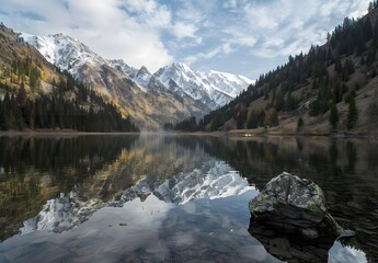 Canvas Print - Serene Mountain Lake with Reflection in Almaty