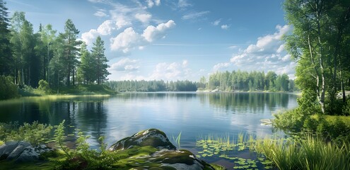 Canvas Print - Serene Finnish Lake with Lush Greenery