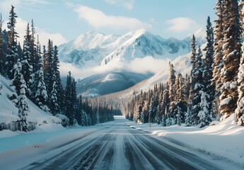 Canvas Print - Snowy Mountain Road With Icy Conditions