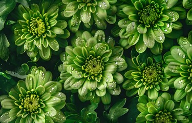 Wall Mural - Green Chrysanthemums Dew Drops Floral Background