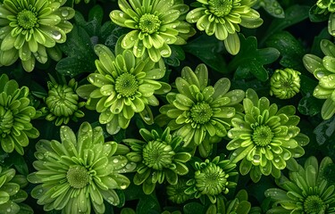 Wall Mural - Dewy Green Chrysanthemum Flower Pattern