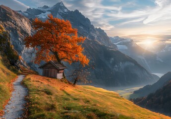 Sticker - Autumnal Swiss Alps Landscape With Cabin And Tree