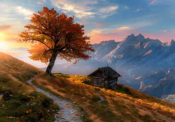 Sticker - Autumnal Swiss Alps with Cabin and Tree