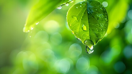 Poster - Water Droplet Hanging From Green Leaf Macro