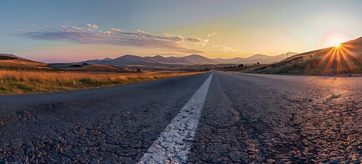 Sticker - Empty Road Through Mountain Landscape at Sunrise