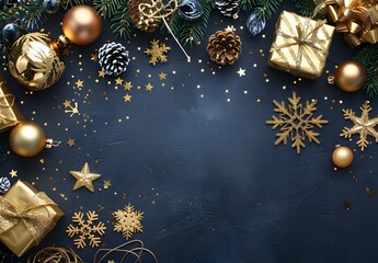 Sticker - Gold Christmas Decorations on Blue Background