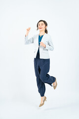 Full body photo of a jumping Caucasian female business person