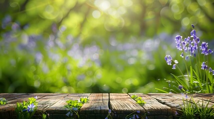 Wall Mural - Wooden Table with Bluebells and Bokeh Background