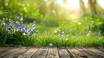 Wall Mural - Wooden Tabletop Spring Nature Landscape Banner