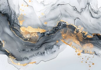 Sticker - Abstract Alcohol Ink Art Background with Grey, White and Gold