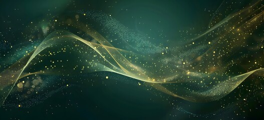 Poster - Abstract Green Background With Golden Wave And Glowing Particles