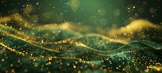 Wall Mural - Abstract Green & Gold Waves with Glitter