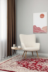 Sticker - Soft armchair, side table and window with curtains indoors. Interior design