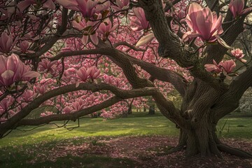Wall Mural - Large magnolia tree with pink flowers blooming in a garden during a sunny spring day