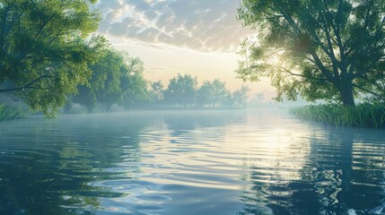 Wall Mural - A serene river flows through a misty forest, with sunlight filtering through the trees.