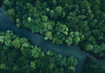 Poster - Aerial View of River Winding Through Dense Forest