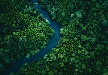 Poster - Aerial View of River Winding Through Lush Forest